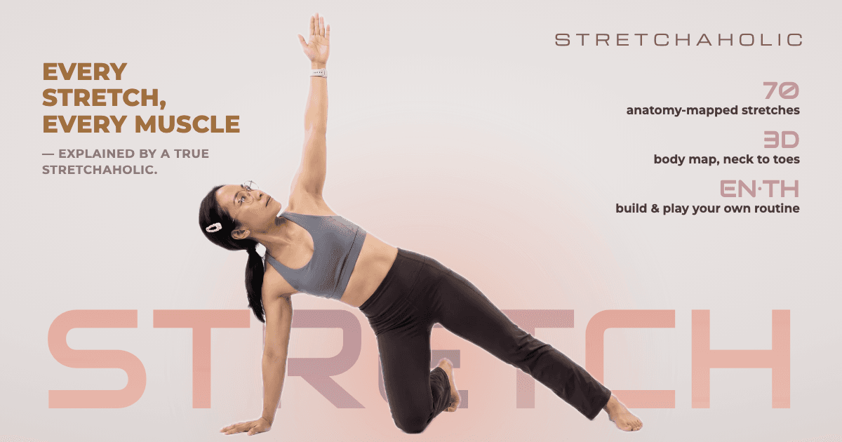 Stretchaholic — Chawanee in a kneeling side bend beside the headline